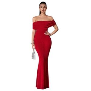 SHEINBAE Off Shoulder Sexy Elegant Red Fishtail Backless Tight Dress Size M -NWT